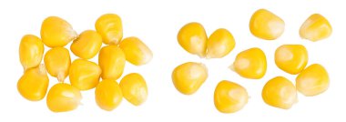 Beyaz arka planda izole mısır tohumları. Üst Manzara. Düz yatıyordu.