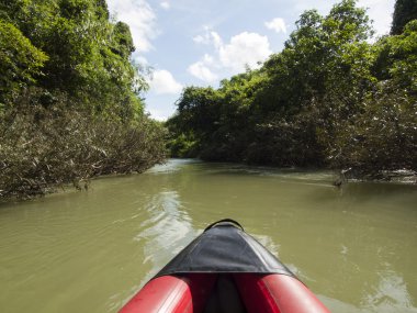 Suratthani, Tayland arka plan nehir üzerinde tekne yüzen