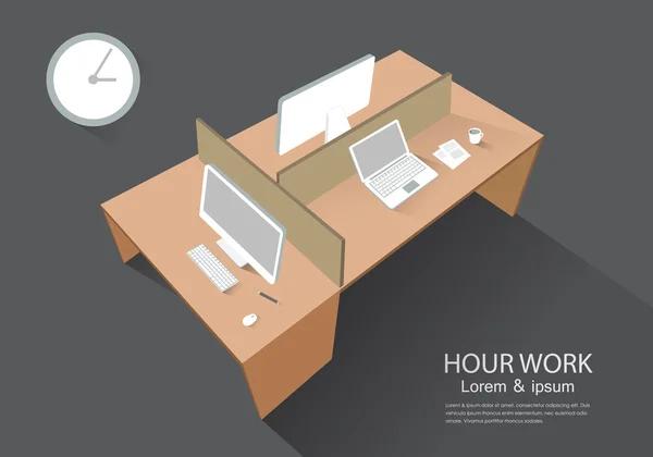 Vista de perspectiva de mesa de computador moderna ilustração vetorial workpl — Vetor de Stock