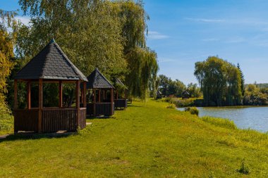 Çardak göleti kıyı şeridi bahar günü doğa hava açık gün yeşil çimen ve yapraklar her yerde