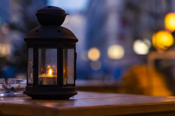 Christmas Lantern Decoration Object Table Evening Twilight Lighting Outdoor Street — Stock Photo, Image