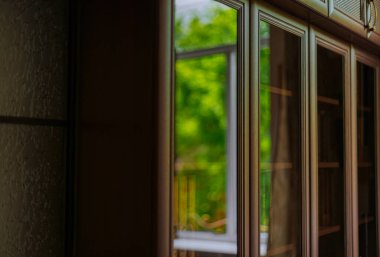 Klasik oda odası dolabı. Ahşap çerçeve, cam yeşil ve sokak tarafından sarı yansıması olan yumuşak odaklı dış taraf.