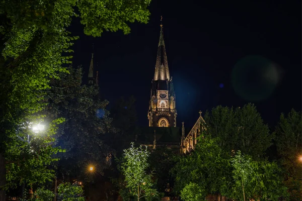 夜市哥特式大教堂塔长期曝光摄影从下面预示着绿树成荫的自然框架和明亮的星空背景 电灯和闪光 — 图库照片