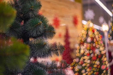 Yeni yıl 2022 ve alışveriş merkezindeki Noel süslemeleri ağaç dallarına ve odaksız arka plan aydınlatma ışıklarına odaklanıyor