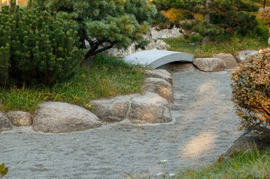 nature design landscape style of garden place with gravel ground grass lawn bush green foliage and rocks scene spring sunny day time