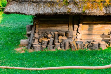 rustic village wooden house cottage core external space with grass lawn idyllic environment space country side with logs for fire fuel