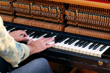 Müzisyen erkek elleri piyanoyu tanınmaz hale getiriyor.