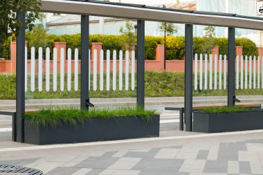 Modern şehir sokak otobüsü ve tren durağı peyzajlı uzay tasarımı asfalt zemin manzaralı yer.