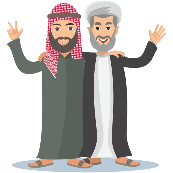 Dua orang Arab, muslim, dalam keffiyeh dan sorban dalam pakaian tradisional, dengan quran - Stok Vektor