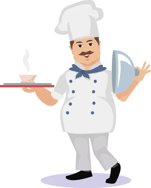 Tlustý kuchař v bílém klobouku se pokrm — Stockový vektor