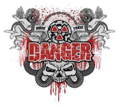 Kafatası ve gaz maskeli kıyamet sonrası tabelası, grunge vintage tasarım tişörtleri