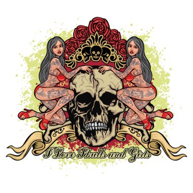 Gotik işaretiyle kafatası ve Seksi dövmeli kızlar, grunge vintage tasarım t shirt