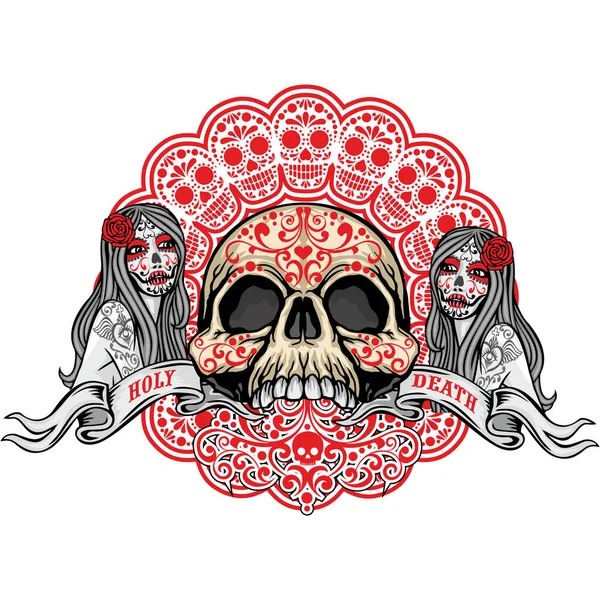 聖なる死 死者の日 メキシコの砂糖の頭蓋骨 グランジヴィンテージのデザインTシャツ — ストックベクタ