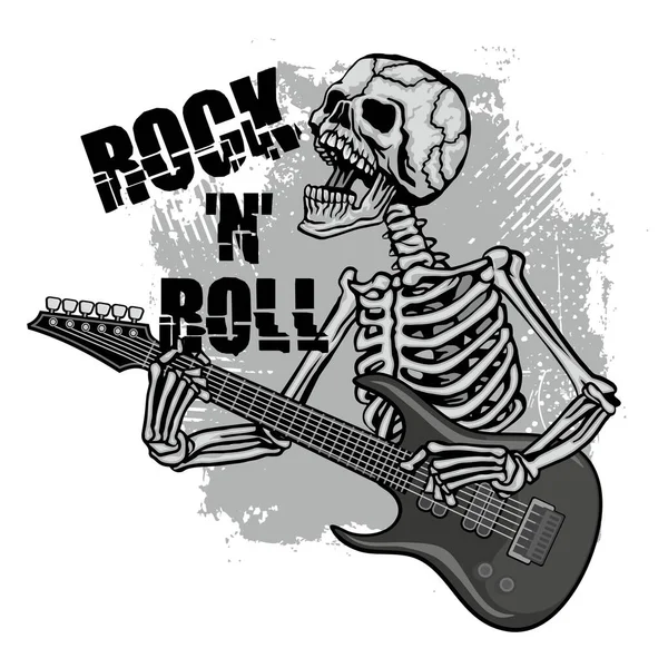 带有骷髅和吉他的摇滚标志 发牢骚的老式设计T恤 — 图库矢量图片