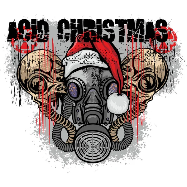 Weihnachtsschild Mit Totenkopf Und Weihnachtsmann Und Gasmaske Grunge Vintage Design — Stockvektor