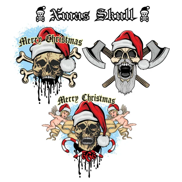 Set Signo Navidad Con Cráneo Santa Claus Camisetas Diseño Vintage — Vector de stock