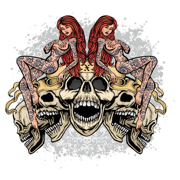 Gotische Bord Met Schedel Sexy Getatoeëerd Meisjes Grunge Vintage Ontwerp — Stockvector