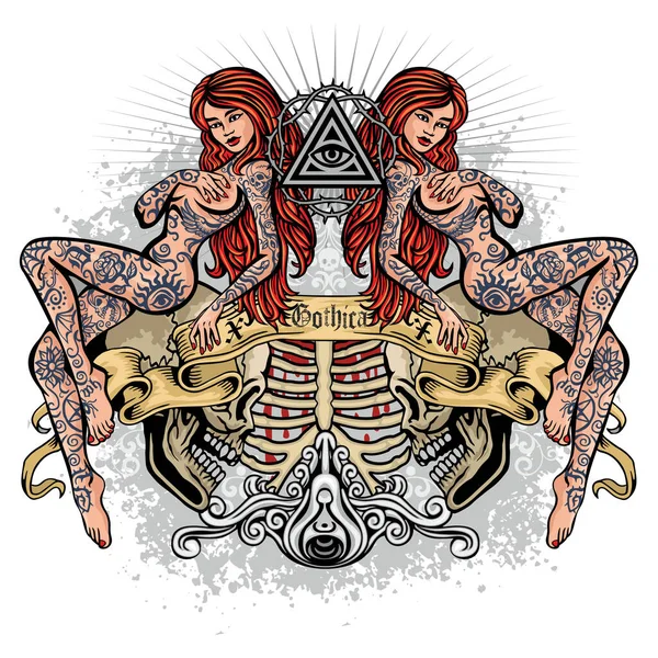 Signo Gótico Con Cráneo Sexy Chicas Tatuadas Camisetas Diseño Vintage — Vector de stock