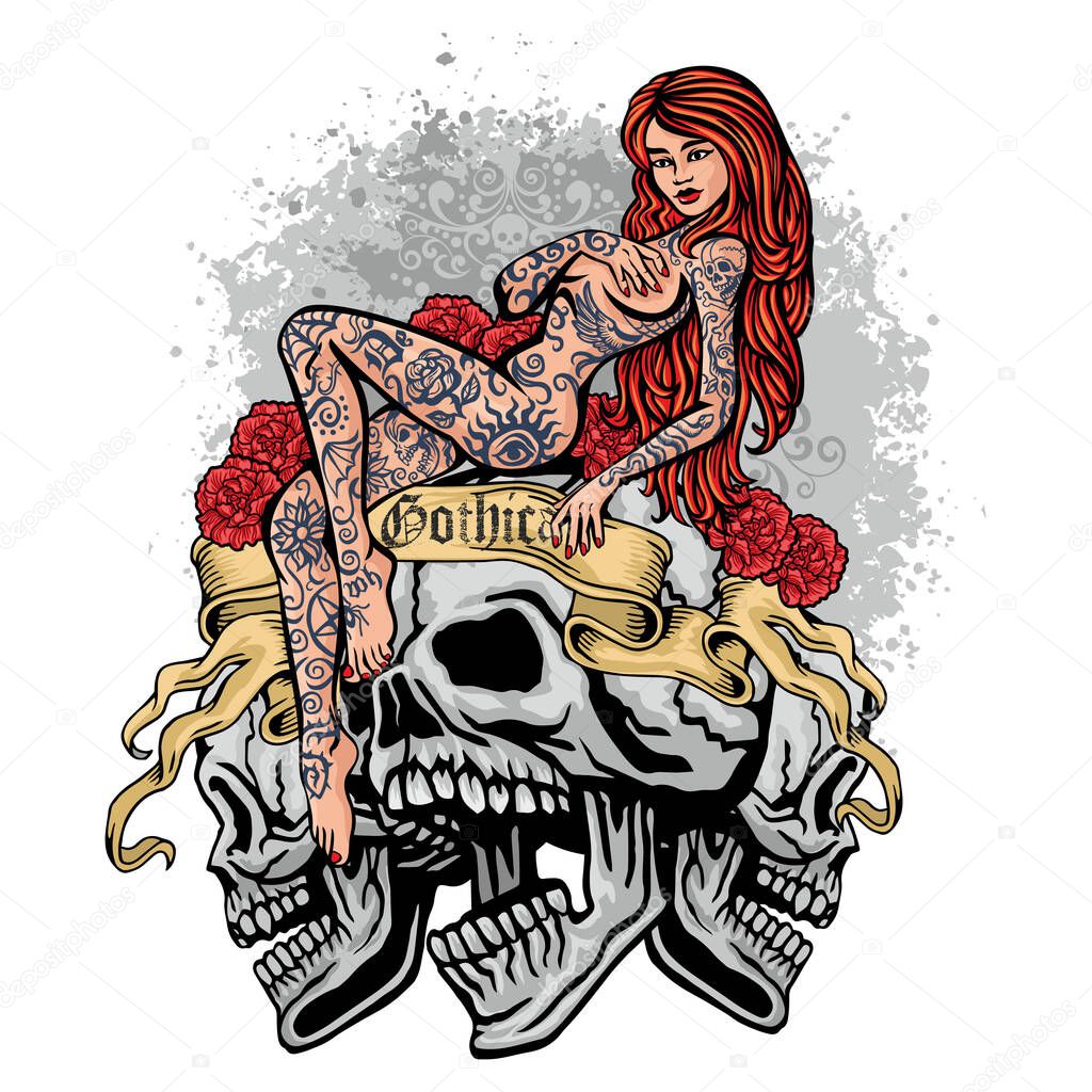 Gothic sign with skull and sexy tattooed girls, grunge vintage design t shirts