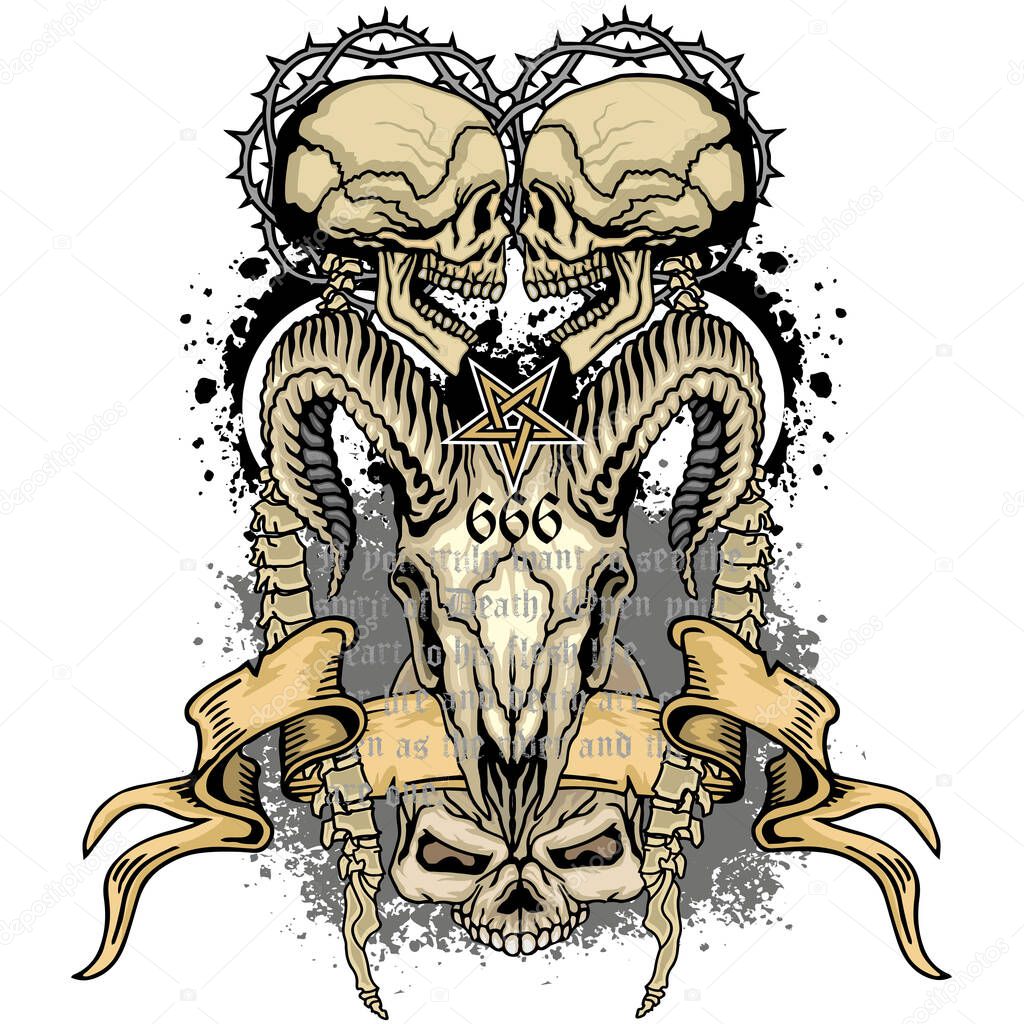 Gothic badge with skull and  skeleton spine, t-shirts vintage grunge design