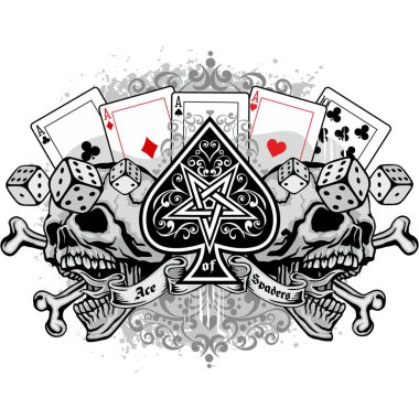 Kafatası ve iskambil kağıdıyla gotik tabela, grunge vintage tasarım tişörtü