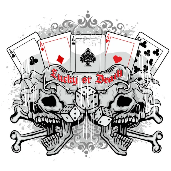 哥特式标志 头盖骨和扑克牌 发牢骚的老式设计T恤 — 图库矢量图片
