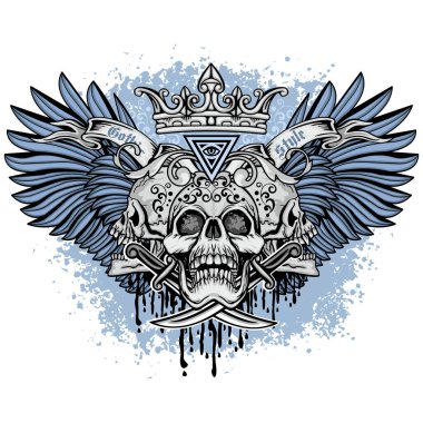 Kafatası ve mavi kanatlı gotik tabela, grunge vintage tasarım tişörtler
