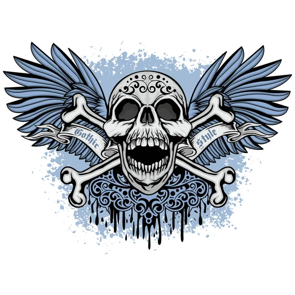 Gothic Sign Skull Blue Wings Grunge Vintage Design Shirts — Stock Vector