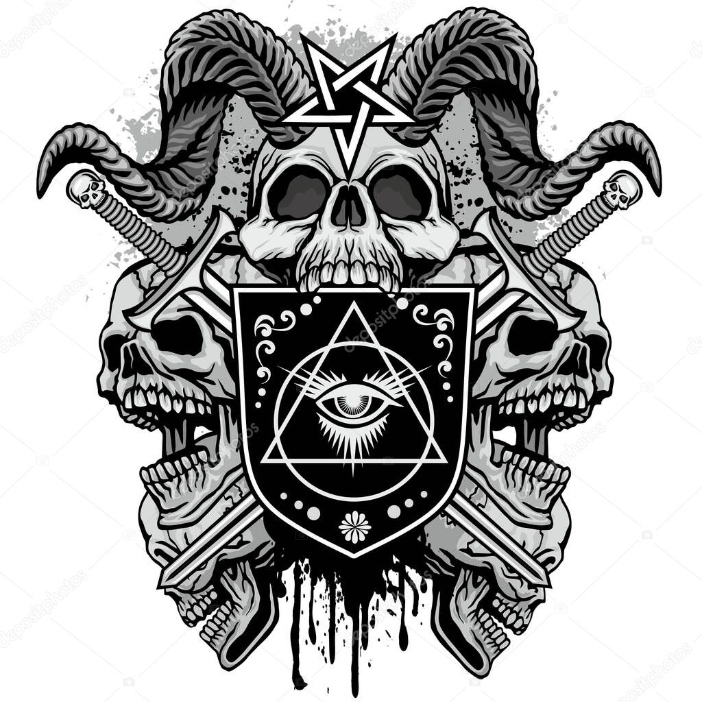 Gothic sign with horned skull, grunge vintage design t shirts