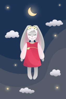 Tavşancık Ay 'da uyuyor, tavşanlar hakkında çocuk resimleri, gece gökyüzü, uykulu krallık, yıldızlar ve gece gökyüzündeki bulutlar