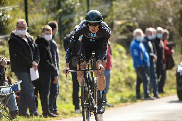 GIEN - FRANCE - 9 MARCH 2021: photography taken on a public street of jai hindley in the race paris nice and the time trial of gien