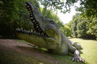 CARDOLAND - FRANSA - AĞUSTOS 2021: Fransa 'daki Morvan' daki Cardoland parkında dinozor heykeli çalındı