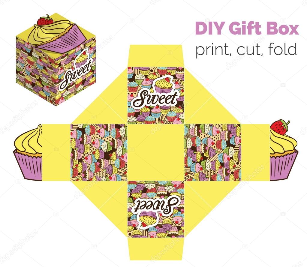 Sweet Do It Yourself DIY cupcake packaging for deserts, candies, small gifts, toys. Printable color scheme. Print it on thick paper, cut out, fold according to the lines.