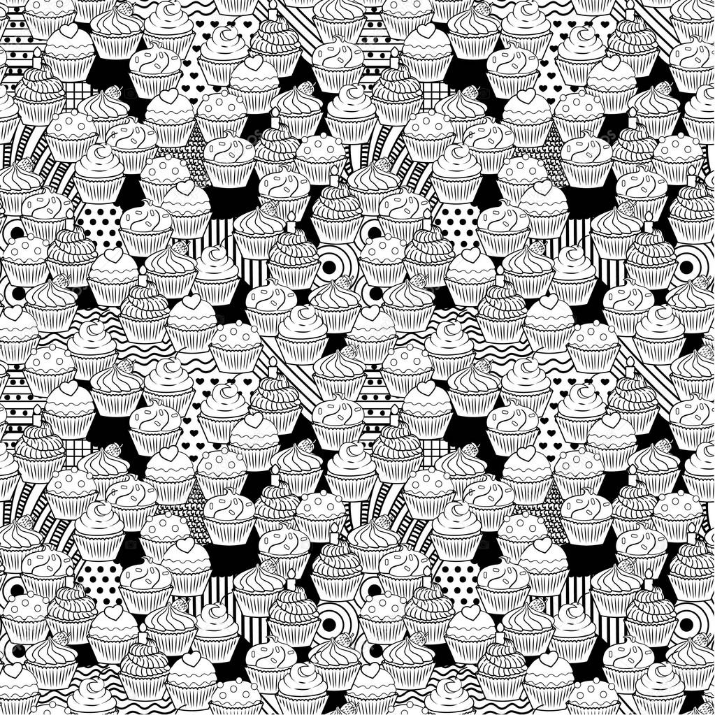 Seamless cute black and white cupcake doodle pattern. It includes yummy