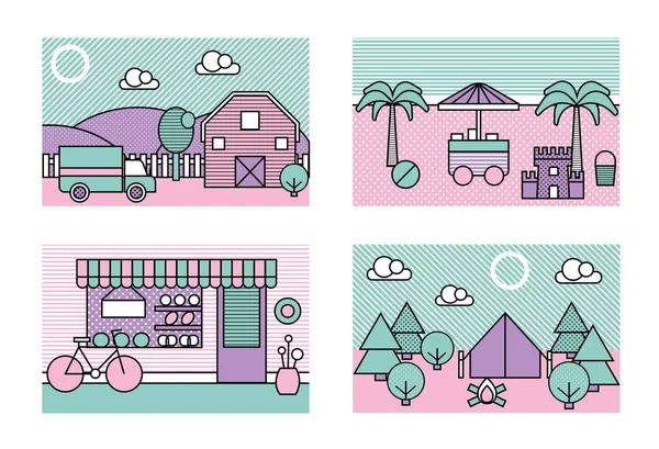 Stylizowane wektor minimalistyczny nowoczesny miasta miejsc ilustracje. Gospodarstwa, plaża, piekarnia sklep, camping. — Wektor stockowy