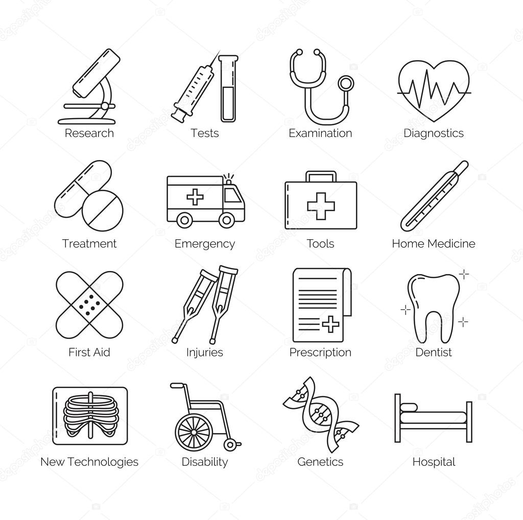 A set of thin black line icons on white background for medical tools, actions and categories, including diagnostics, tests, disability, prescription.