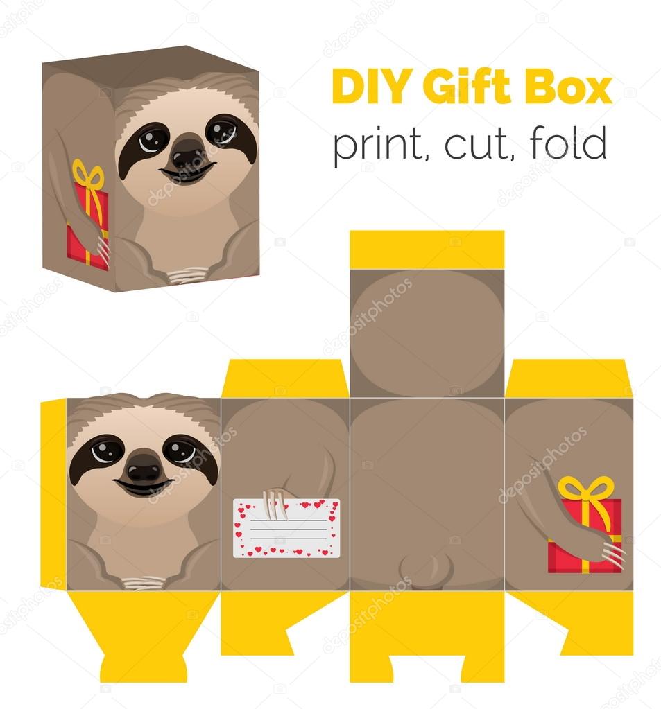 Adorable Do It Yourself DIY sloth gift box for sweets, candies, small presents. Printable color scheme. Print it on thick paper, cut out, fold according to the lines