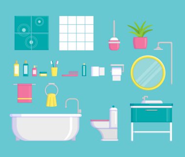 Düz parlak vektör öğeleri ve modern şık banyo iç inşaat için öğeleri kümesi. Banyo, şampuan, tuvalet, havlu ve diğer öğeleri dahil.