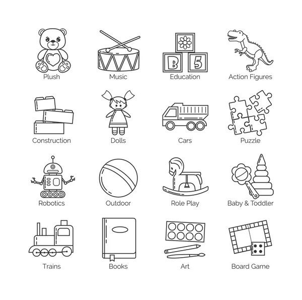 Kolekcja minimalistyczne cienka linia ikon dla różnych kategorii i rodzaju zabawek i atrakcji dla dzieci, niemowląt i małych dzieci, chłopcy i dziewczęta. — Wektor stockowy