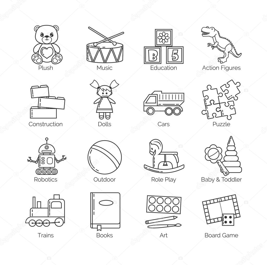 A collection of minimalistic thin line icons for various toys kinds and categories and activities for kids, babies and toddlers, boys and girls.