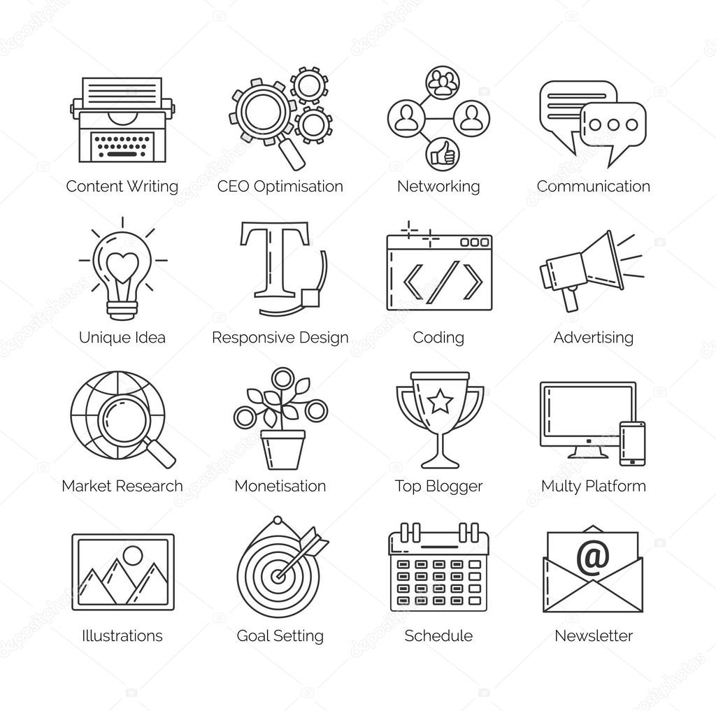 A set of flat thin line icons on white background for successful blogging business. It includes: newsletter, social, seo, content writing, design, coding, idea, etc.