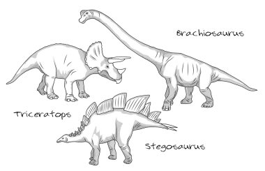 İnce çizgi gravür tarzı resimler, çeşitli tarih öncesi dinozorların brachiosaurus, stegosaurus ve Stegosaurus içerir.