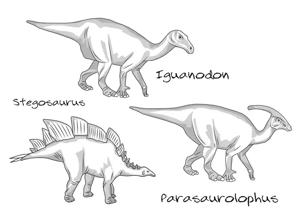 Tunn linje gravyr stil illustrationer, olika typer av förhistoriska dinosaurier, den innehåller stegosaurus, parasaurolophus, iguanodon — Stock vektor