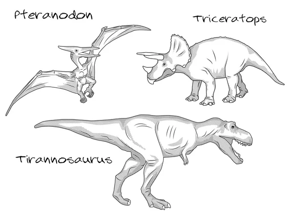Tunn linje gravyr stil illustrationer, olika typer av förhistoriska dinosaurier, den innehåller pteranodon, tyrannosaurus t-rex och triceratops. — Stock vektor