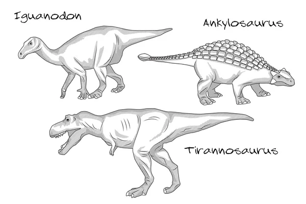 Ilustraciones de estilo de grabado en línea delgada, varios tipos de dinosaurios prehistóricos, incluye iguanodon, tyrannosaurus t-rex, ankylosaurus — Archivo Imágenes Vectoriales
