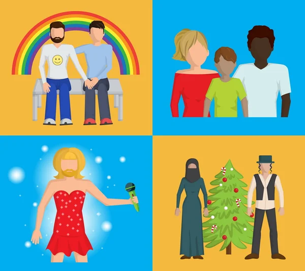 Set of four bright vector flat illustrations showing that people have to be tolerant — Stock Vector