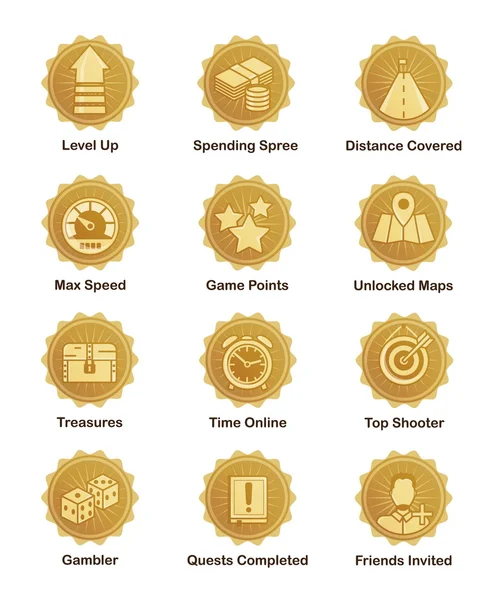 Golden achievement badges for shooter, runner, arcade game — Stock Vector