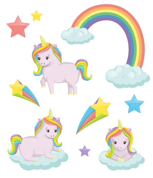 Cute magic unicorn fairy tale illustration set — Stock Vector