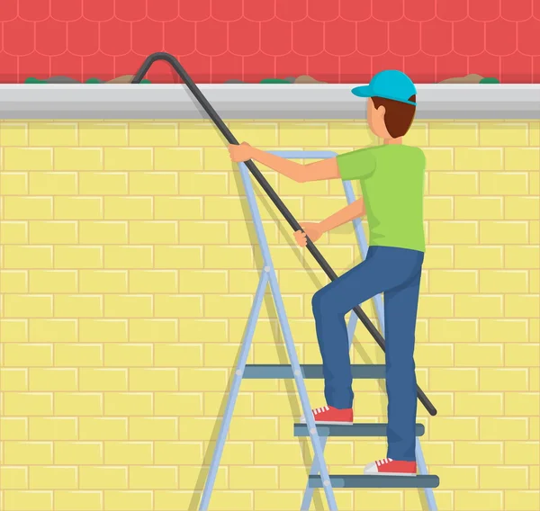 Mann reinigt Regenrinne auf Leiter — Stockvektor