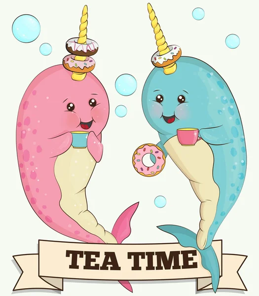 Two cute narwhal animals drinking tea with doughnuts — Stock Vector